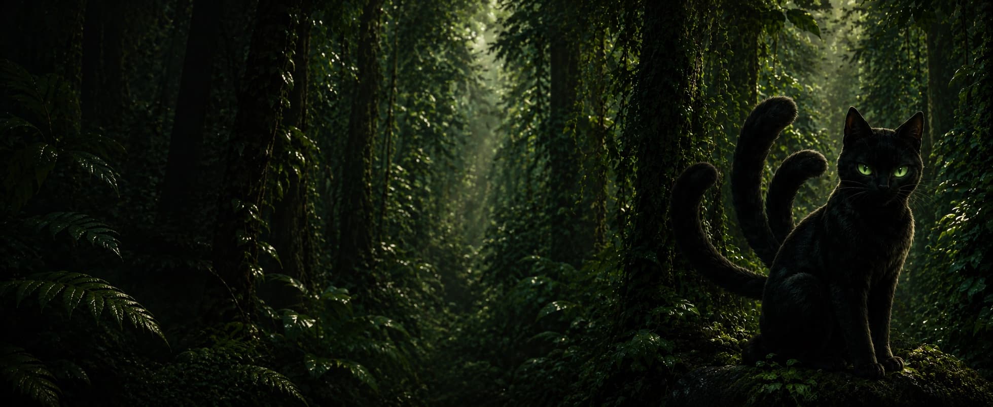 The Black Cat, Society 3's glowing-eyed mascot in an evergreen forest